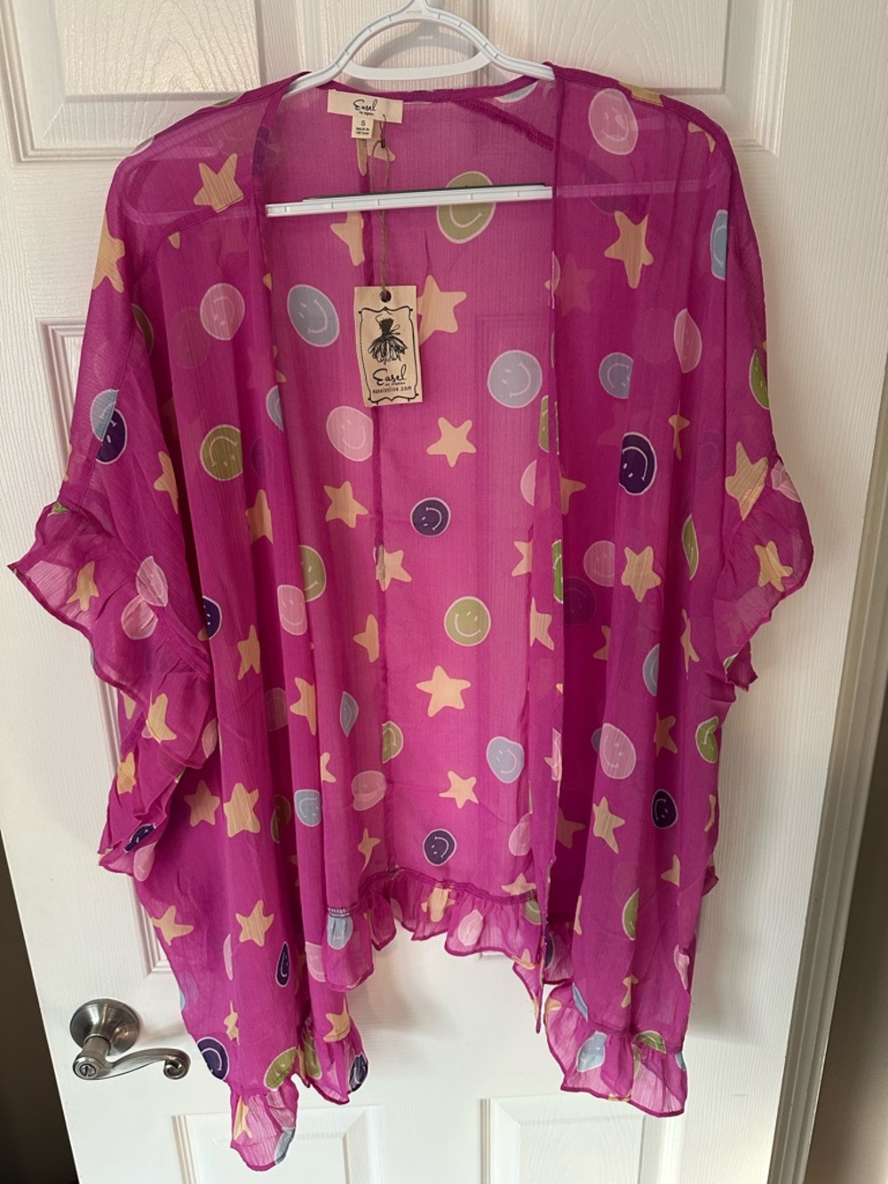 easel Fuchsia Star & Smile Print Sheer Kimono